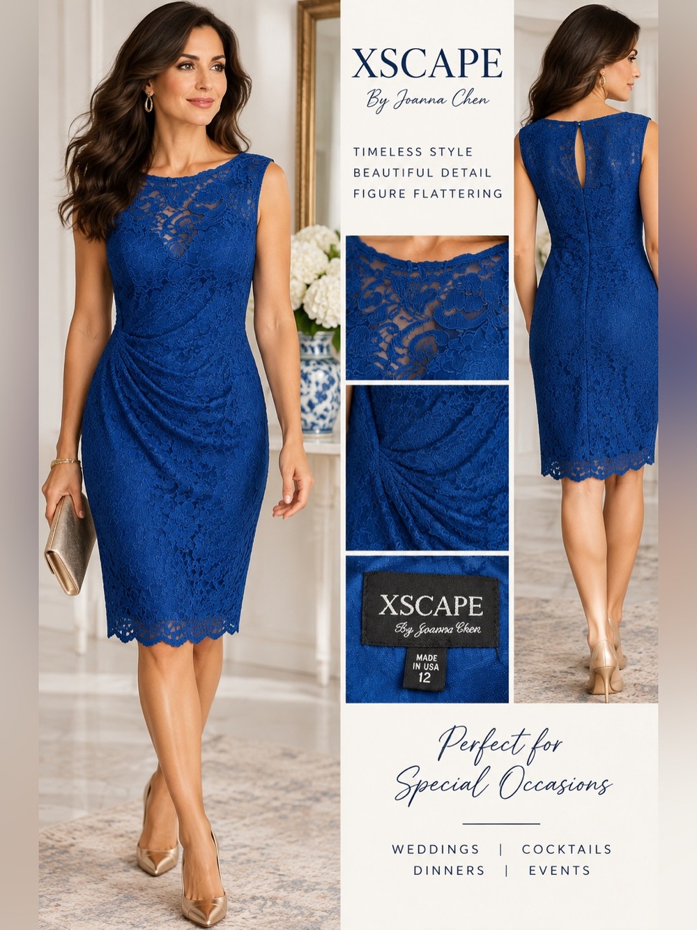 Xscape Cobalt Blue Lace Midi Sheath Dress
